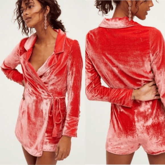 Free People Pants - Free People Viola Velvet Romper Size S Orange Long Sleeve Tassels Boho Festival